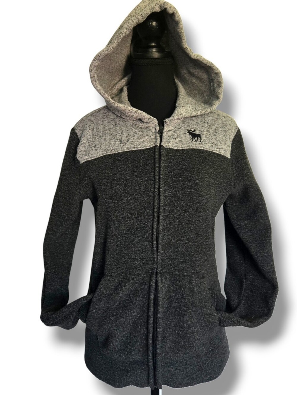 Abercrombie Kids Zip Up Hoodie Gray Two‑Tone Moose Logo 15/16 Cozy Fall Sweater